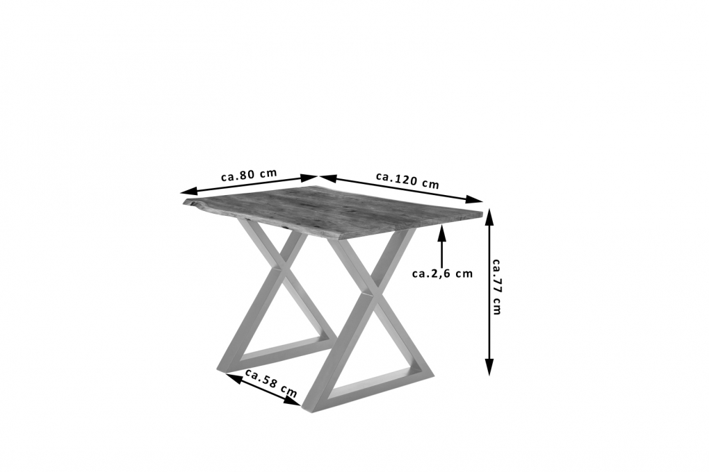 Esstisch Baumkante massiv Akazie natur 120 x 80 silber X-Gestell LUBIN itemprop=