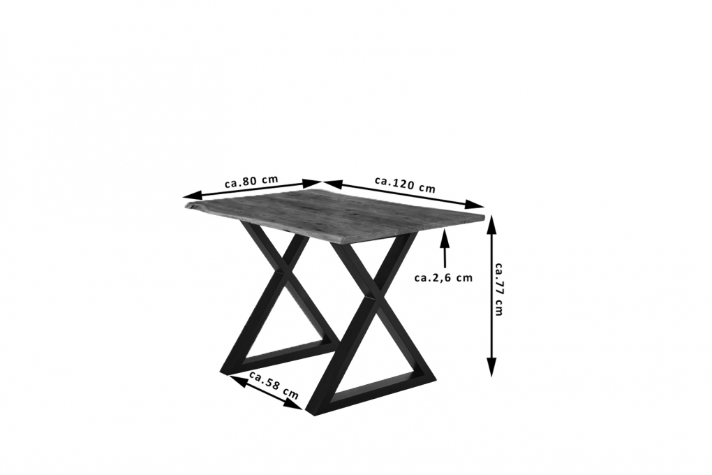 Esstisch Baumkante massiv Akazie nussbaum 120 x 80 schwarz X-Gestell LUBIN itemprop=