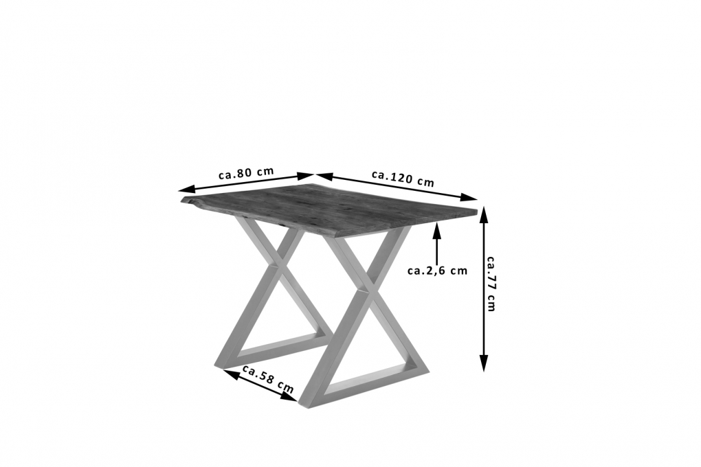Esstisch Baumkante massiv Akazie nussbaum 120 x 80 silber X-Gestell LUBIN itemprop=