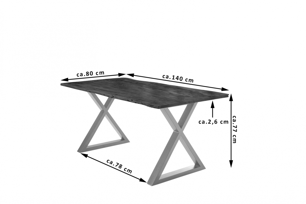 Esstisch Baumkante massiv Akazie nussbaum 140 x 80 silber X-Gestell LUBIN itemprop=