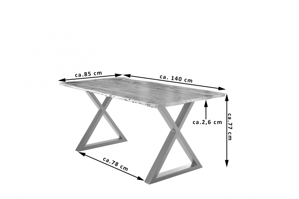 Esstisch Baumkante massiv Akazie natur 140 x 80 silber X-Gestell LUBIN itemprop=