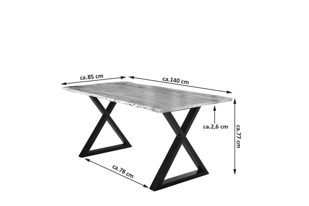 Esstisch Baumkante massiv Akazie natur 140 x 80 schwarz X-Gestell LUBIN itemprop=