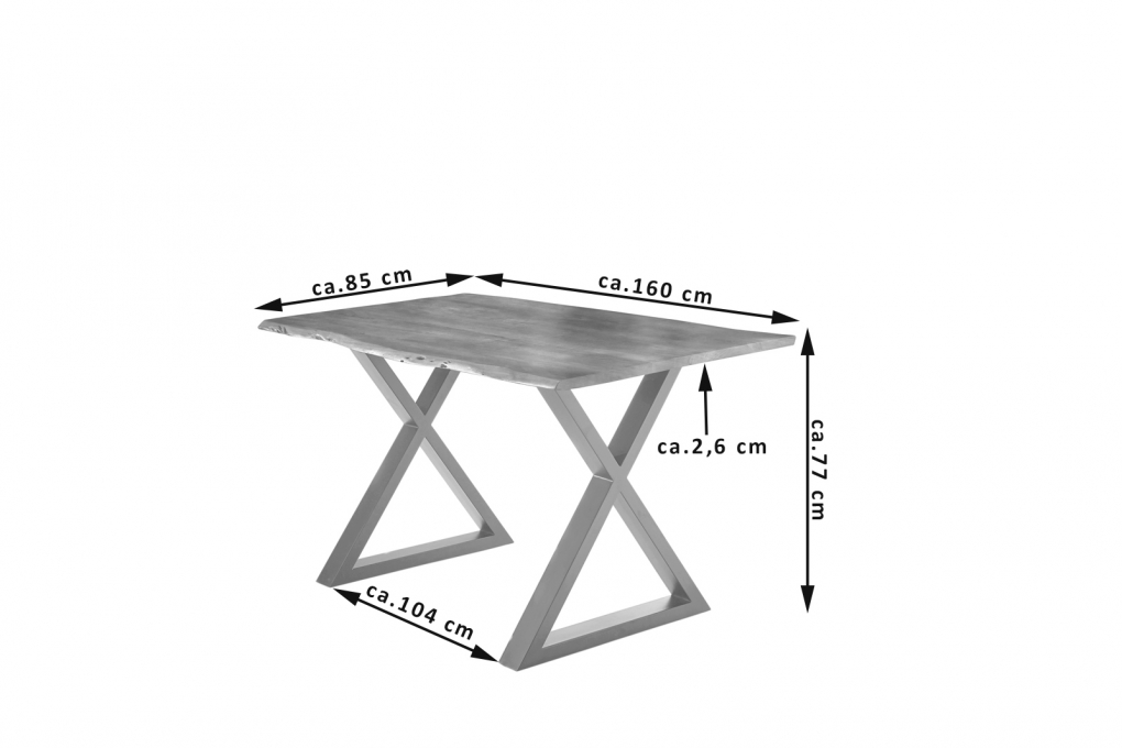 Esstisch Baumkante massiv Akazie natur 160 x 85 silber X-Gestell LUBIN itemprop=