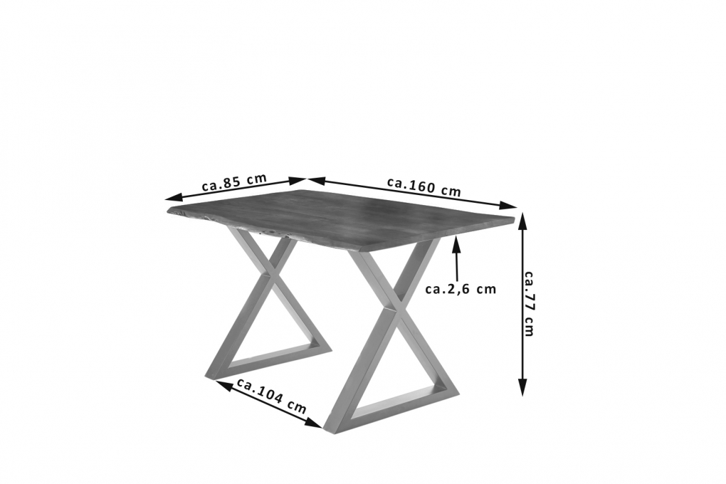 Esstisch Baumkante massiv Akazie nussbaum 160 x 85 silber X-Gestell LUBIN itemprop=