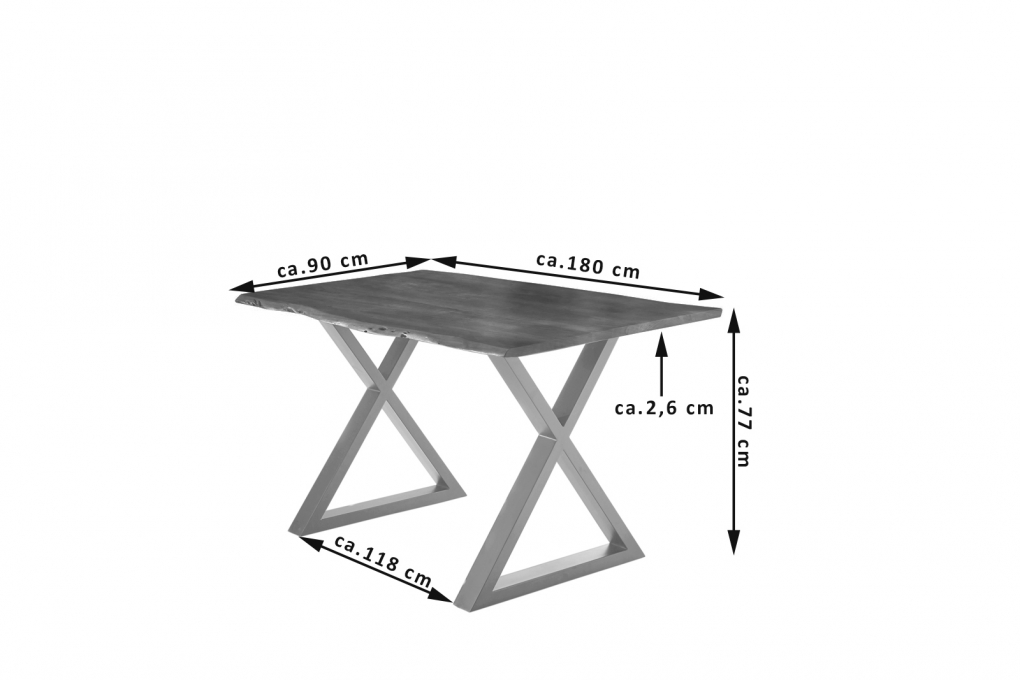 Esstisch Baumkante massiv Akazie nussbaum 180 x 90 silber X-Gestell LUBIN itemprop=