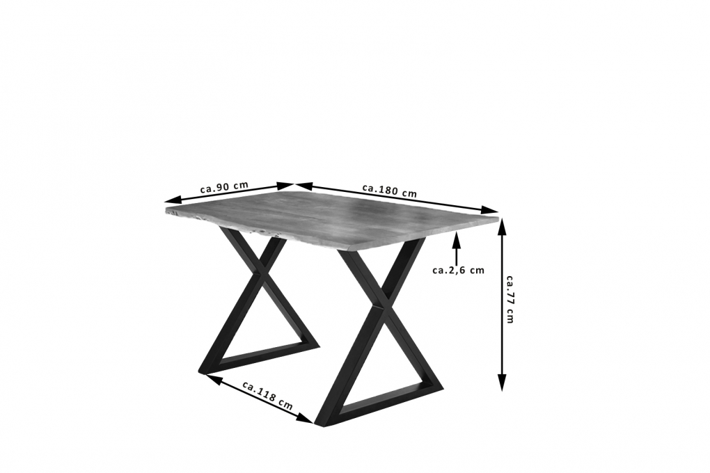 Esstisch Baumkante massiv Akazie natur 180 x 90 schwarz X-Gestell LUBIN itemprop=