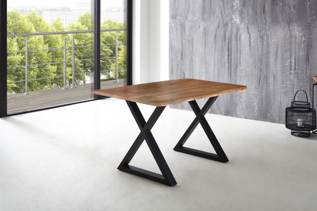 Esstisch Baumkante massiv Akazie natur 180 x 90 schwarz X-Gestell LUBIN itemprop=