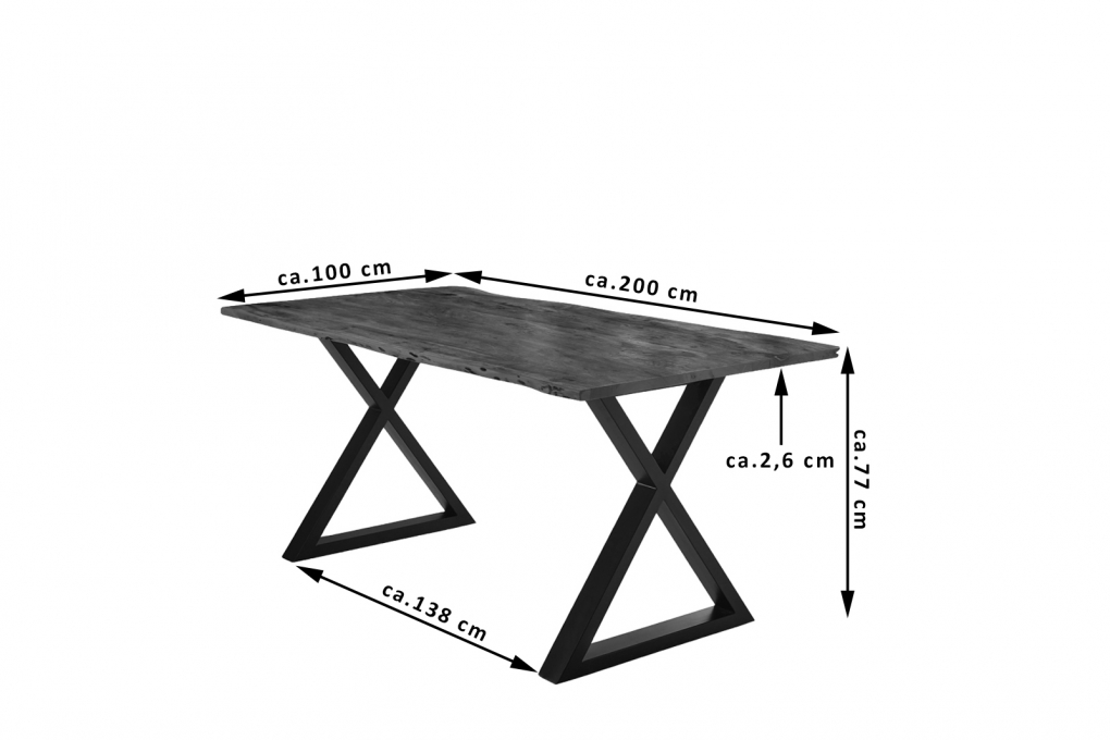 Esstisch Baumkante massiv Akazie nussbaum 200 x 100 schwarz X-Gestell LUBIN itemprop=