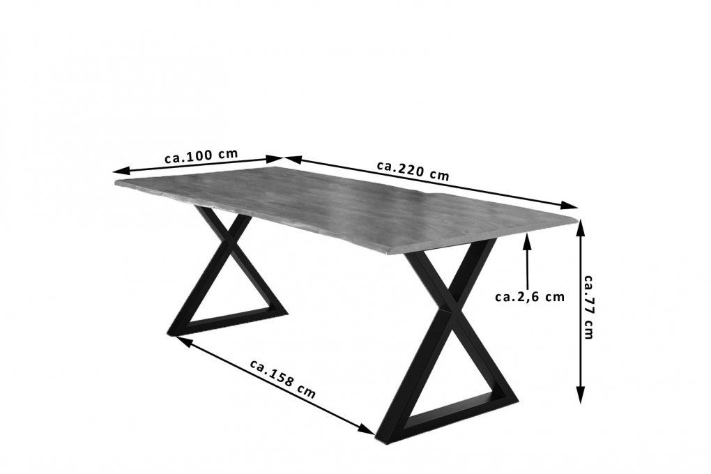 Esstisch Baumkante massiv Akazie nussbaum 220 x 100 schwarz X-Gestell LUBIN itemprop=