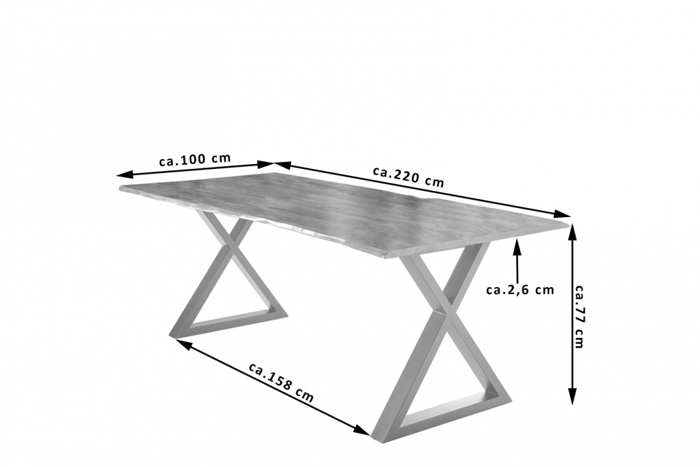 Esstisch Baumkante massiv Akazie natur 220 x 100 silber X-Gestell LUBIN itemprop=