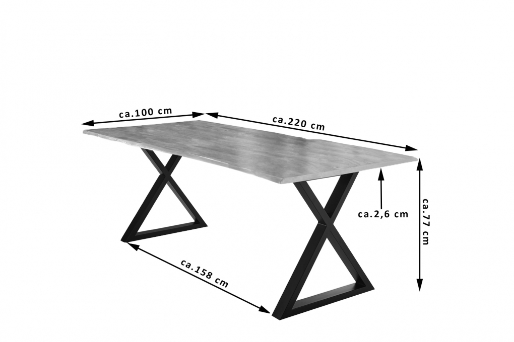 Esstisch Baumkante massiv Akazie natur 220 x 100 schwarz X-Gestell LUBIN itemprop=