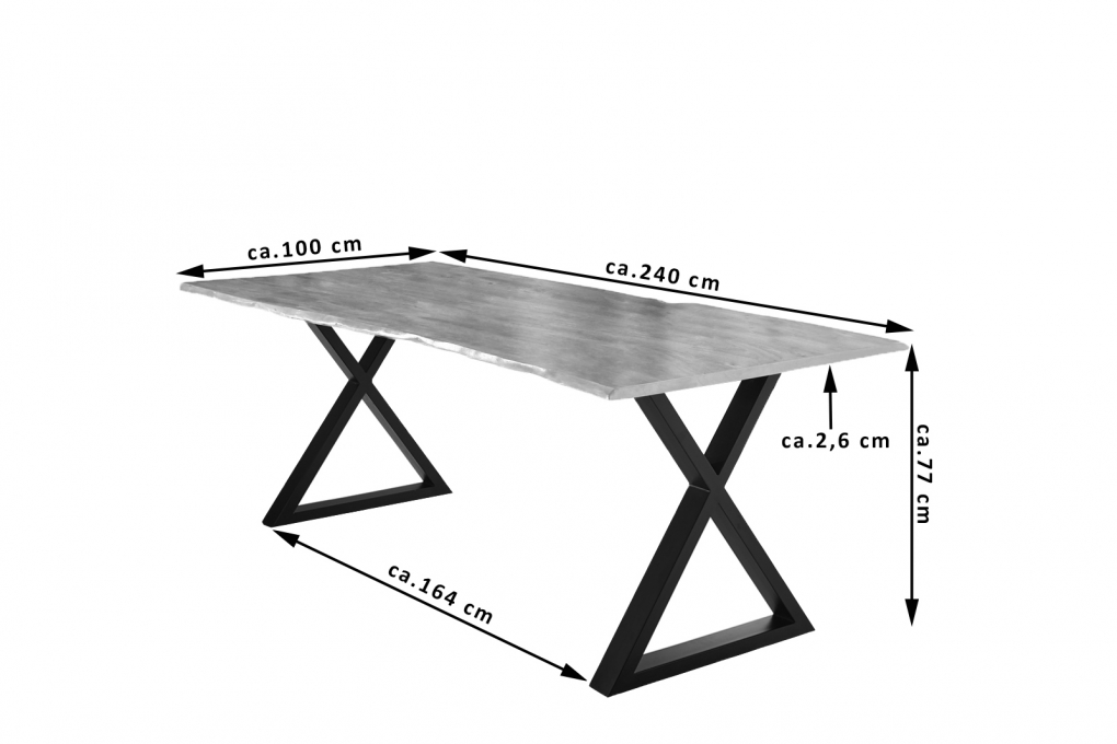 Esstisch Baumkante massiv Akazie natur 240 x 100 schwarz X-Gestell LUBIN itemprop=