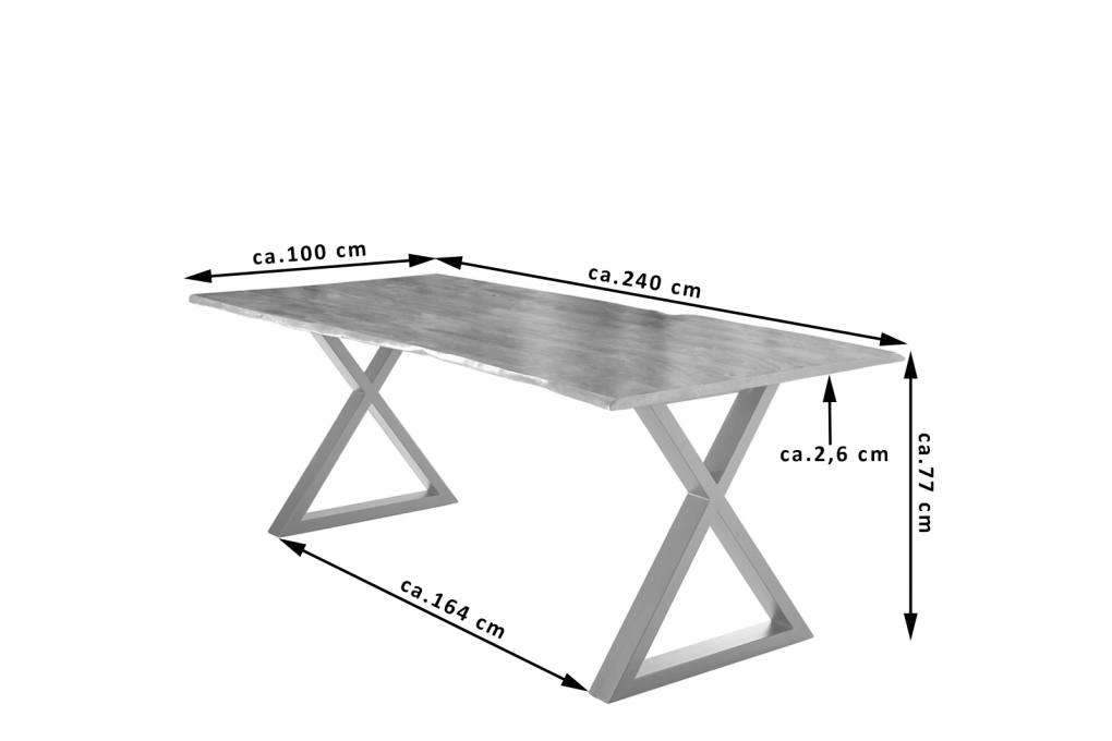 Esstisch Baumkante massiv Akazie natur 240 x 100 silber X-Gestell LUBIN itemprop=