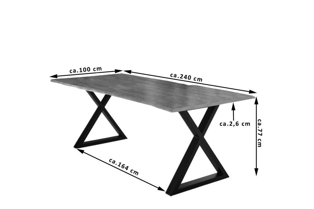 Esstisch Baumkante massiv Akazie nussbaum 240 x 100 schwarz X-Gestell LUBIN itemprop=