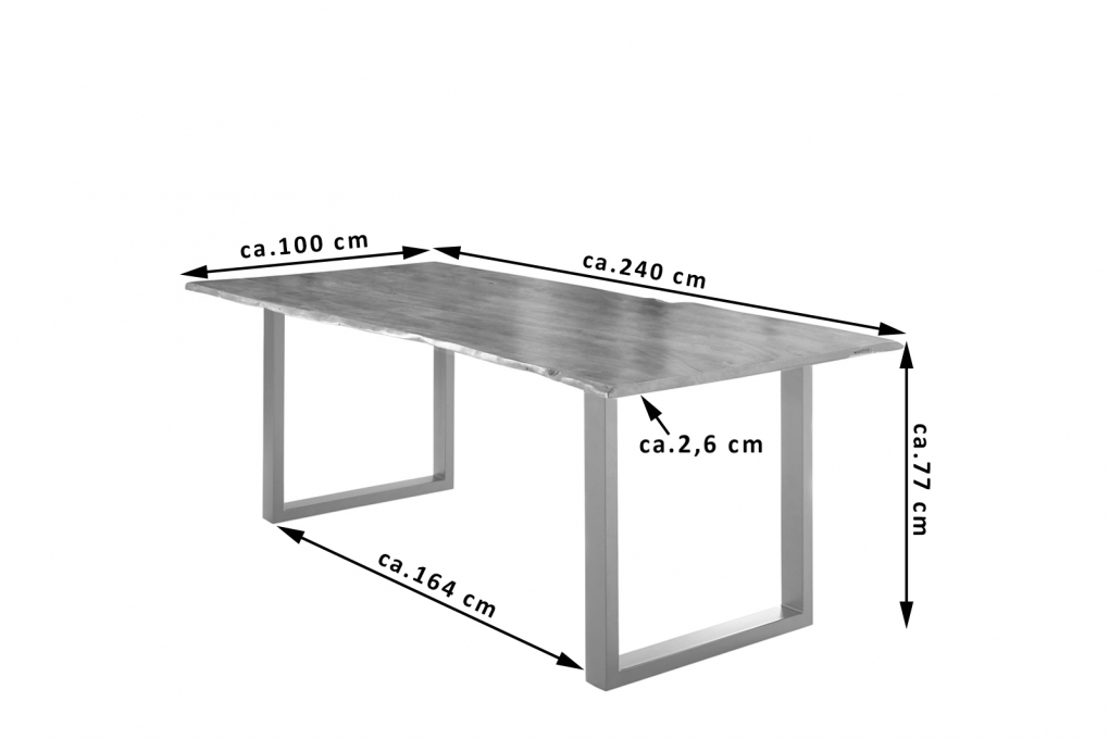 Esstisch Baumkante massiv Akazie natur 240 x 100 silber U-Gestell LUBIN itemprop=