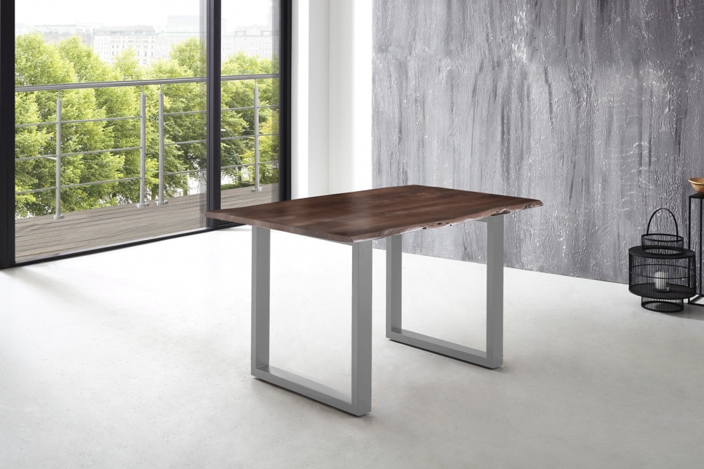 Esstisch Baumkante massiv Akazie nussbaum 180 x 90 silber U-Gestell LUBIN itemprop=