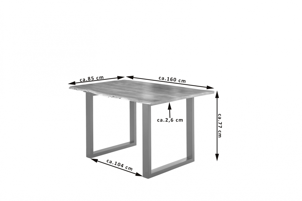 Esstisch Baumkante massiv Akazie natur 160 x 85 silber U-Gestell LUBIN itemprop=