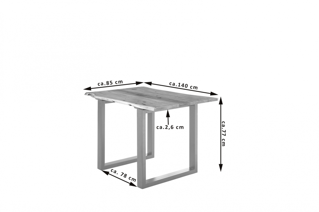 Esstisch Baumkante massiv Akazie natur 140 x 80 silber U-Gestell LUBIN itemprop=