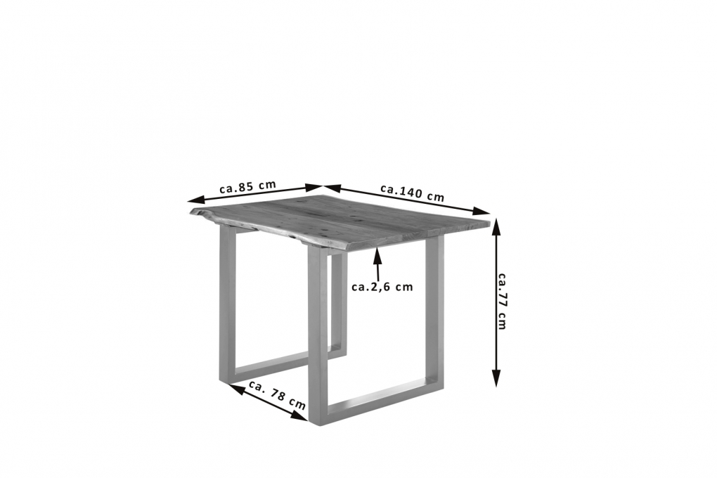 Esstisch Baumkante massiv Akazie nussbaum 140 x 80 silber U-Gestell LUBIN itemprop=