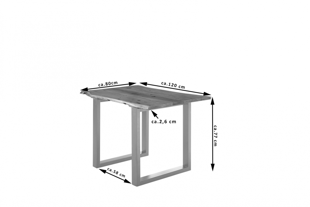 Esstisch Baumkante massiv Akazie nussbaum 120 x 80 silber U-Gestell LUBIN itemprop=