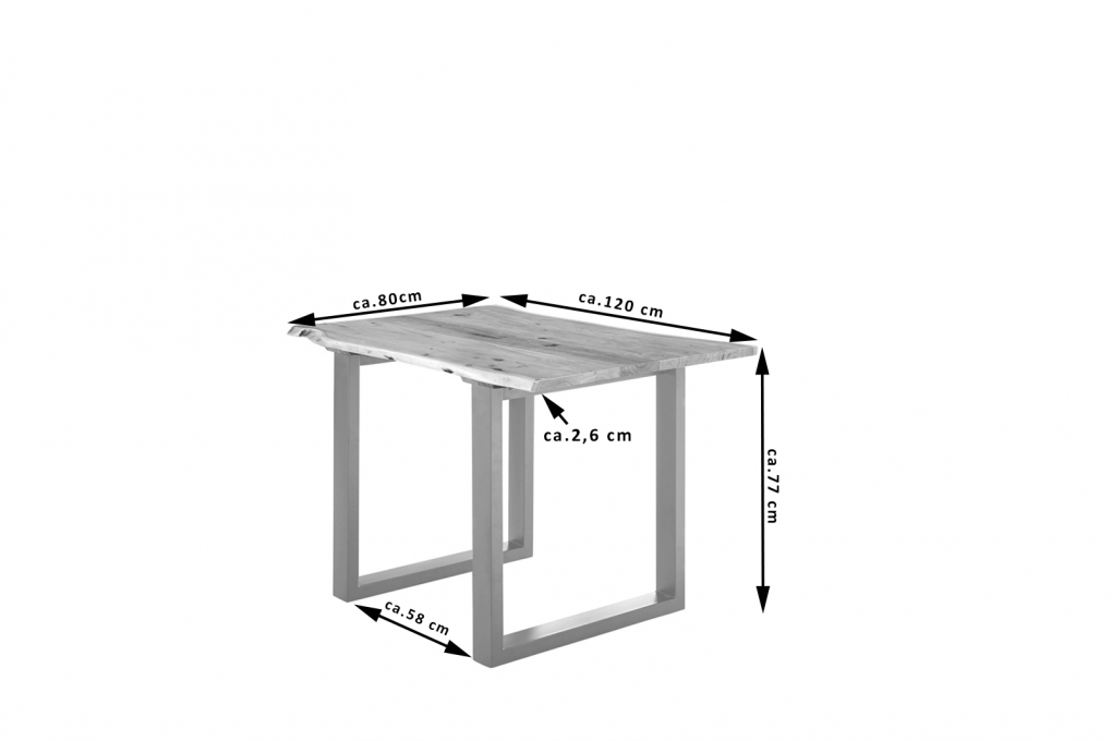 Esstisch Baumkante massiv Akazie natur 120 x 80 silber U-Gestell LUBIN itemprop=