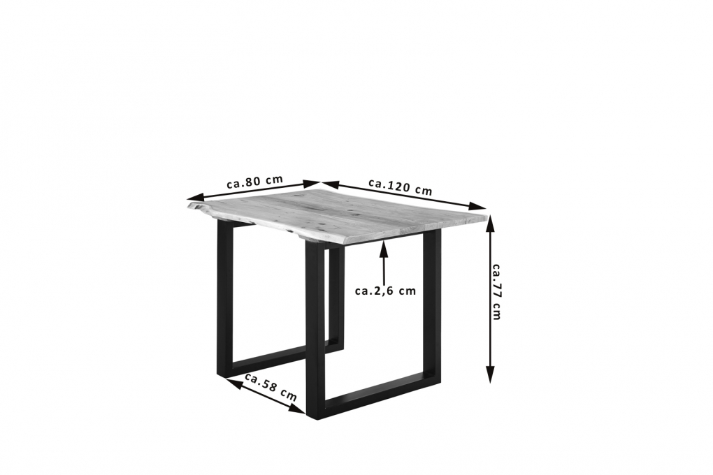 Esstisch Baumkante massiv Akazie natur 120 x 80 schwarz U-Gestell LUBIN itemprop=