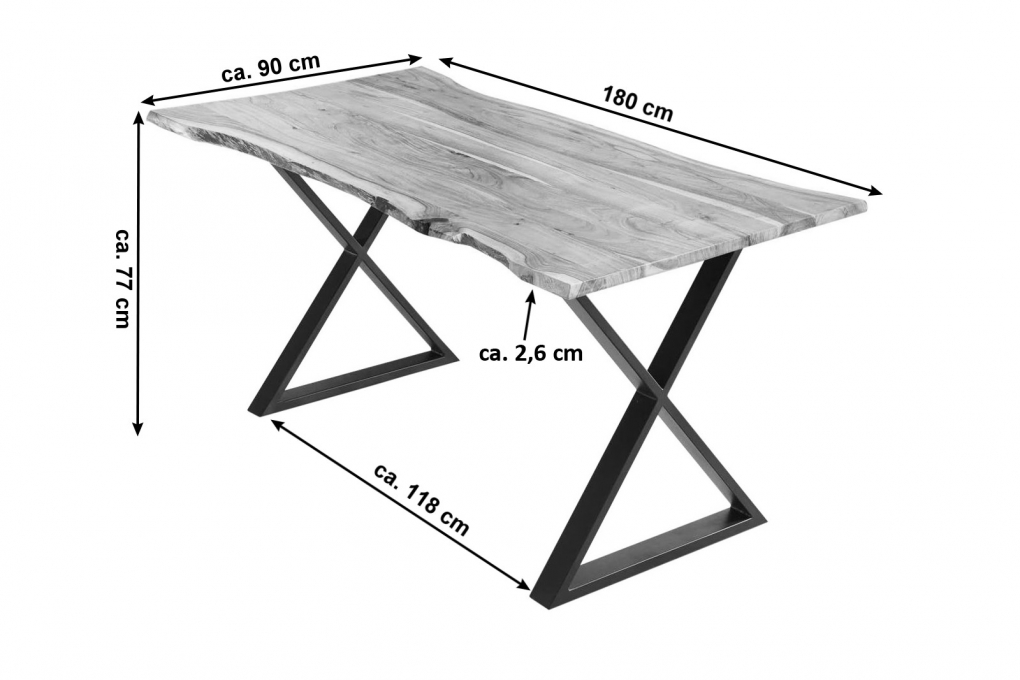 Esstisch Baumkante Akazie naturfarben 180 x 90 cm geschlossenes X-Gestell schwarz KASIMIR itemprop=