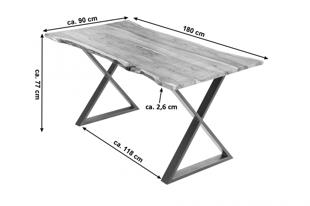 Esstisch Baumkante Akazie naturfarben 180 x 90 cm geschlossenes X-Gestell edelstahlfarben KASIMIR itemprop=