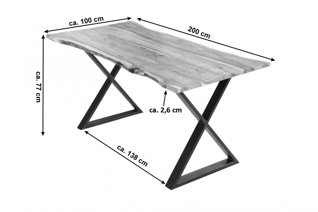 Esstisch Baumkante Akazie naturfarben 200 x 100 cm geschlossenes X-Gestell schwarz KASIMIR itemprop=