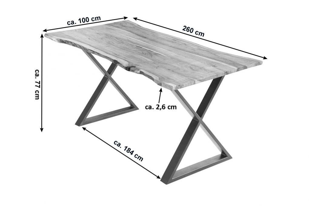 Esstisch Baumkante Akazie naturfarben 260 x 100 cm geschlossenes X-Gestell edelstahlfarben KASIMIR itemprop=