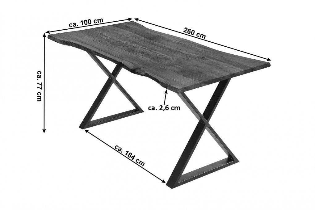 Esstisch Baumkante Akazie nussbaumfarben 260 x 100 cm geschlossenes X-Gestell schwarz KASIMIR itemprop=