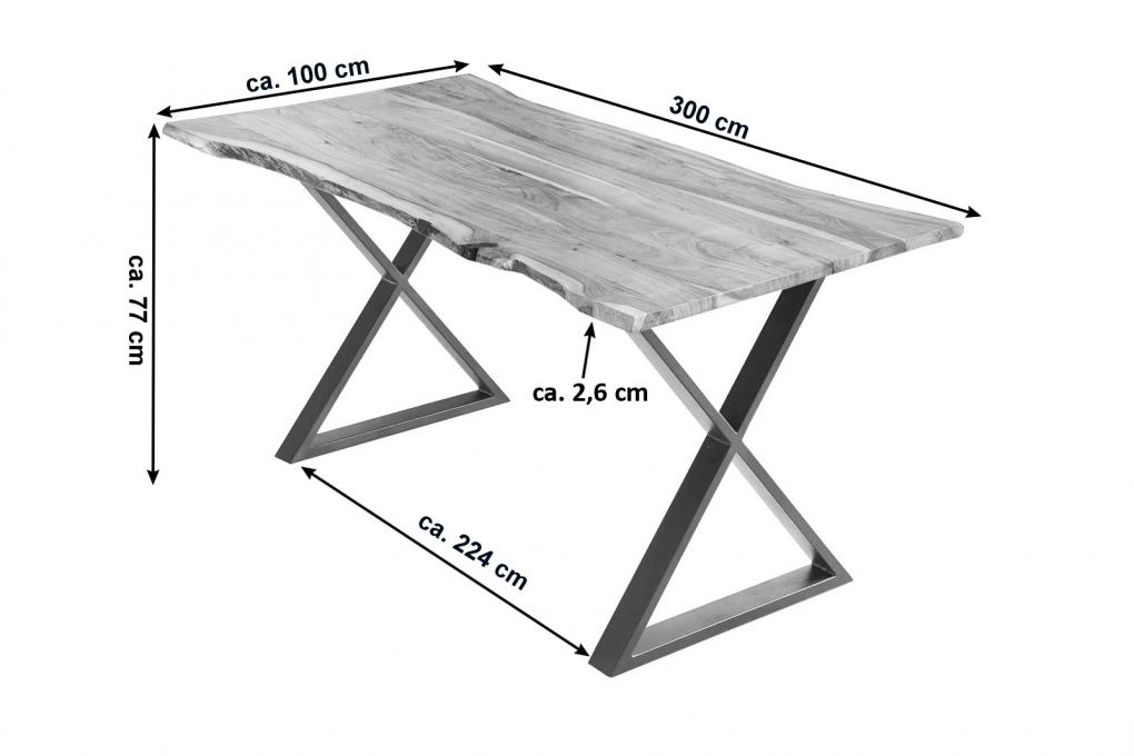 Esstisch Baumkante Akazie naturfarben 300 x 100 cm geschlossenes X-Gestell edelstahlfarben KASIMIR itemprop=