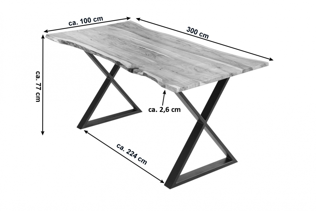 Esstisch Akazie naturfarben 300 x 100 cm geschlossenes X-Gestell schwarz KASIMIR itemprop=