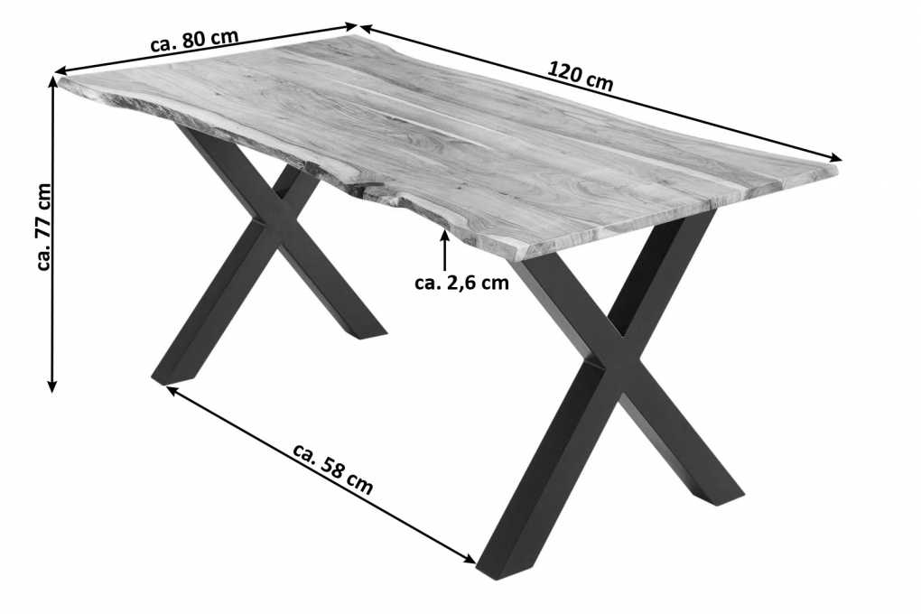 Esstisch Akazie naturfarben 120 x 80 cm X-Gestell schwarz YVONNE itemprop=