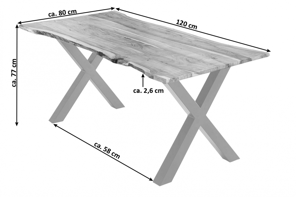 Esstisch Akazie naturfarben 120 x 80 cm X-Gestell silber YVONNE itemprop=