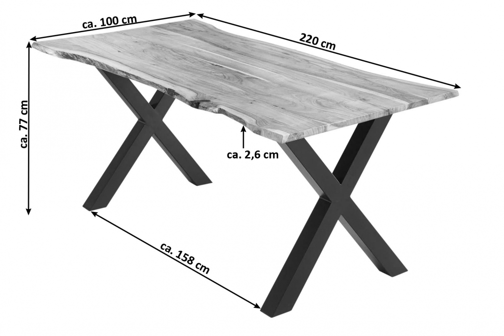 Esstisch Akazie naturfarben 220 x 100 cm X-Gestell schwarz YVONNE itemprop=