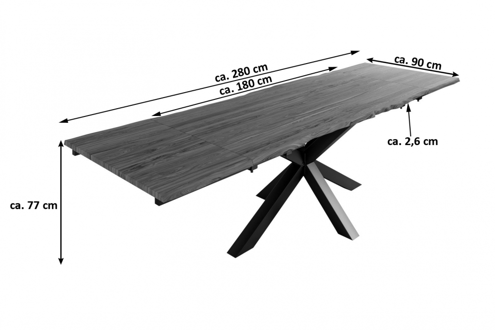 Baumkantentisch Akazie nougatfarben 180(280)x90 cm Ansteckplatten Spider-Gestell schwarz JANNIK itemprop=