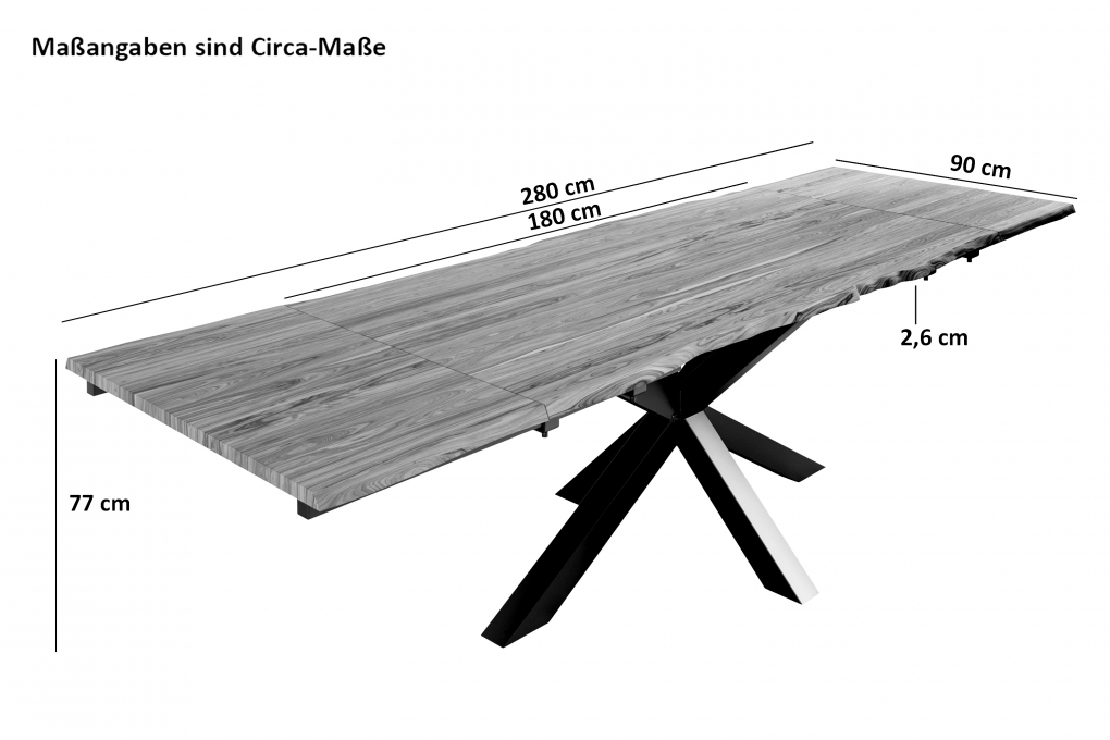 Baumkantentisch Akazie stonefarben 180(280)x90 cm Ansteckplatten Spider-Gestell schwarz JANNIK itemprop=