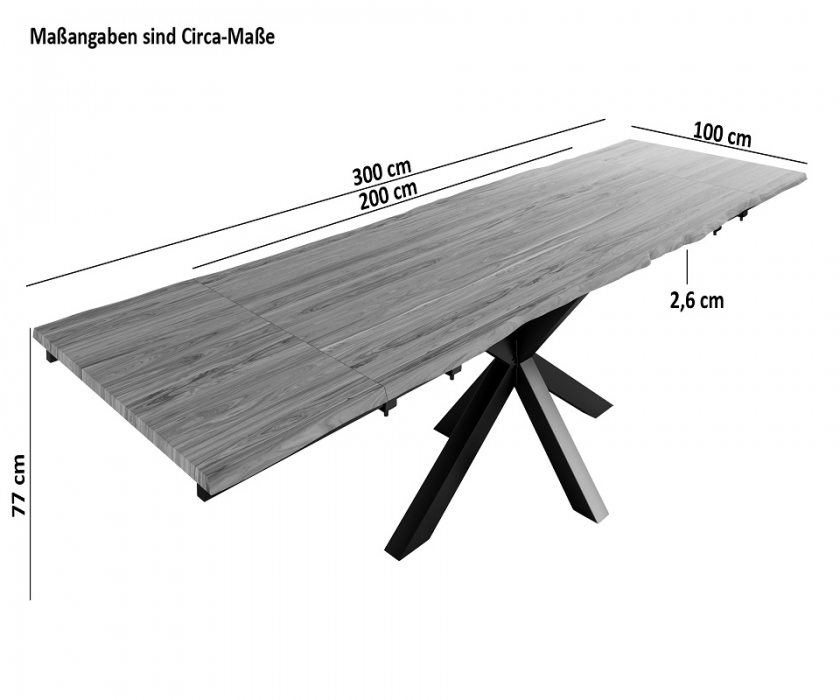 Baumkantentisch Akazie stonefarben 200(300)x100 cm Ansteckplatten Spider-Gestell schwarz JANNIK itemprop=