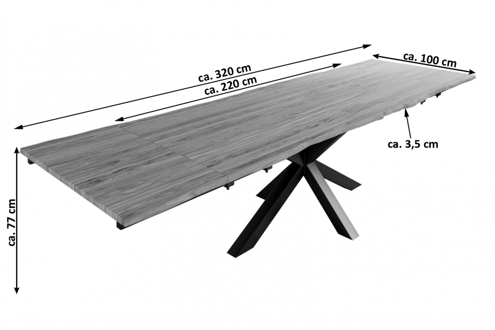 Baumkantentisch Akazie stonefarben 220(320)x100 cm Ansteckplatten Spider-Gestell schwarz JANOSH itemprop=