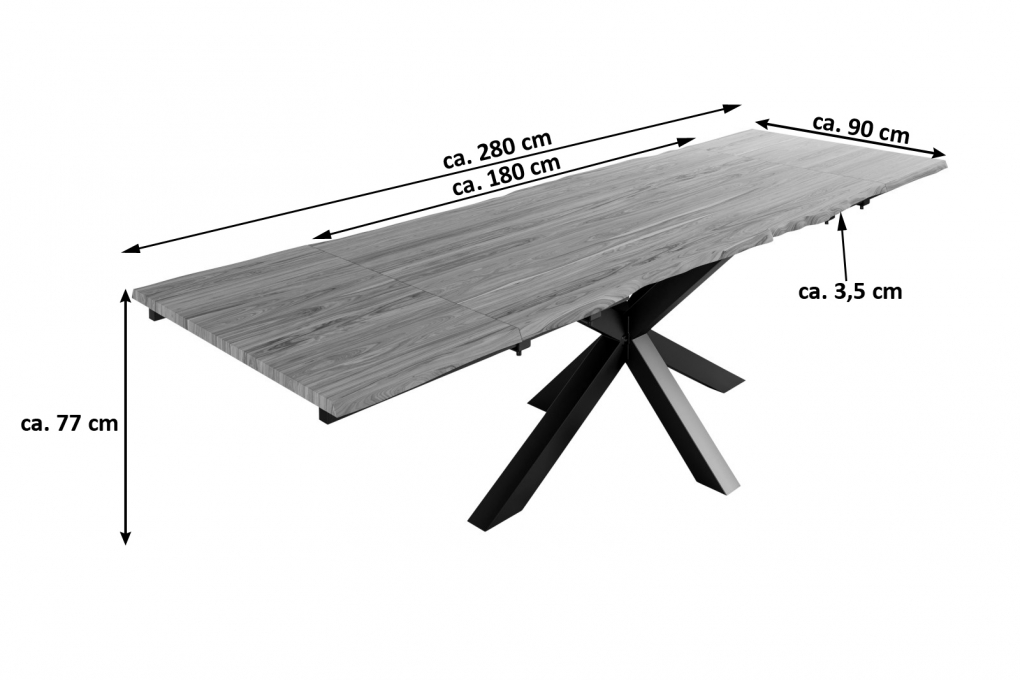 Baumkantentisch Akazie stonefarben 180(280)x90 cm Ansteckplatten Spider-Gestell schwarz JANOSH itemprop=