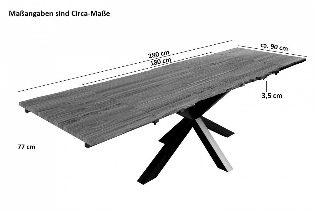 Baumkantentisch Akazie nougatfarben 180(280)x90 cm Ansteckplatten Spider-Gestell schwarz JANOSH itemprop=