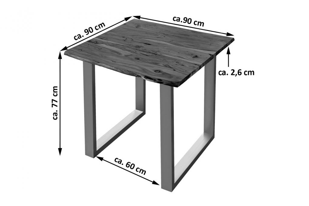 Esstisch Baumkante massiv Akazie nussbaum 90 x 90 silber U-Gestell LUBIN itemprop=