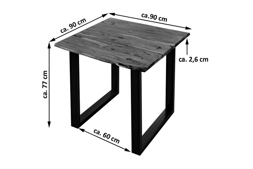 Esstisch Baumkante massiv Akazie nussbaum 90 x 90 schwarz U-Gestell LUBIN itemprop=