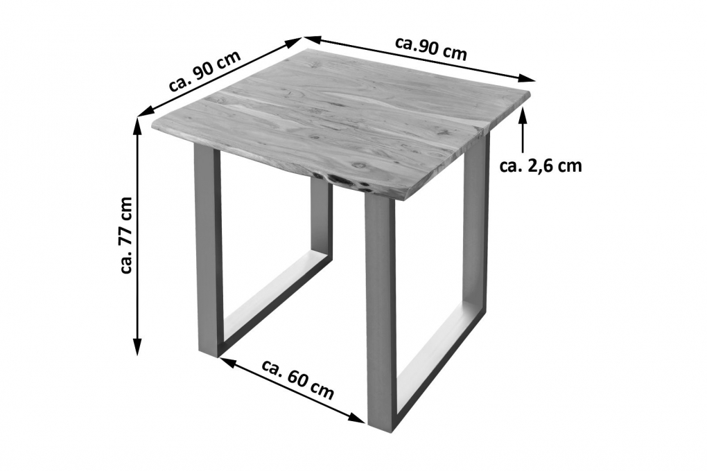 Esstisch Baumkante massiv Akazie natur 90 x 90 silber U-Gestell LUBIN itemprop=