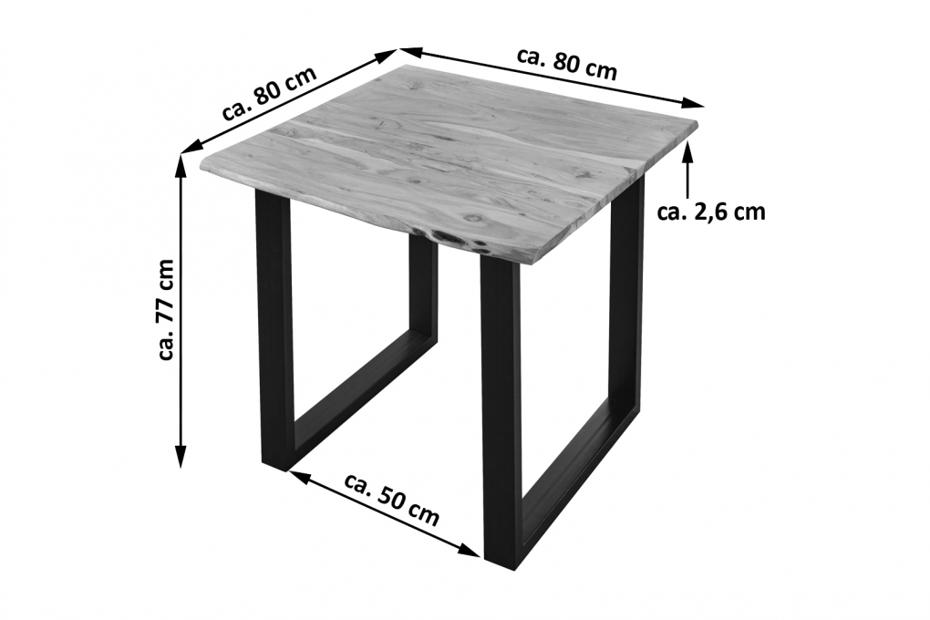 Esstisch Baumkante massiv Akazie natur 80 x 80 schwarz U-Gestell LUBIN itemprop=