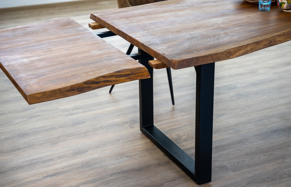  Esstisch Baumkante Akazie nougat 200 (300) x 100 mit Ansteckplatten BARCELONA itemprop=