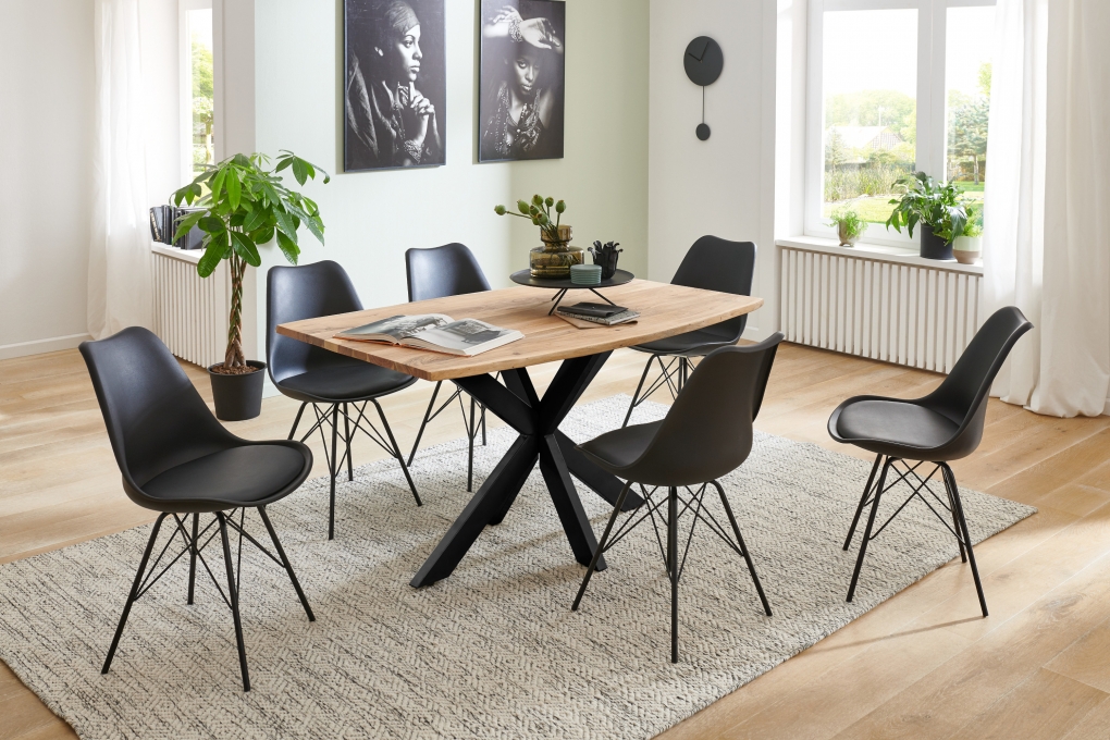Esstisch Baumkante massiv Akazie natur 140 x 80 cm Spider-Gestell schwarz Kalea itemprop=