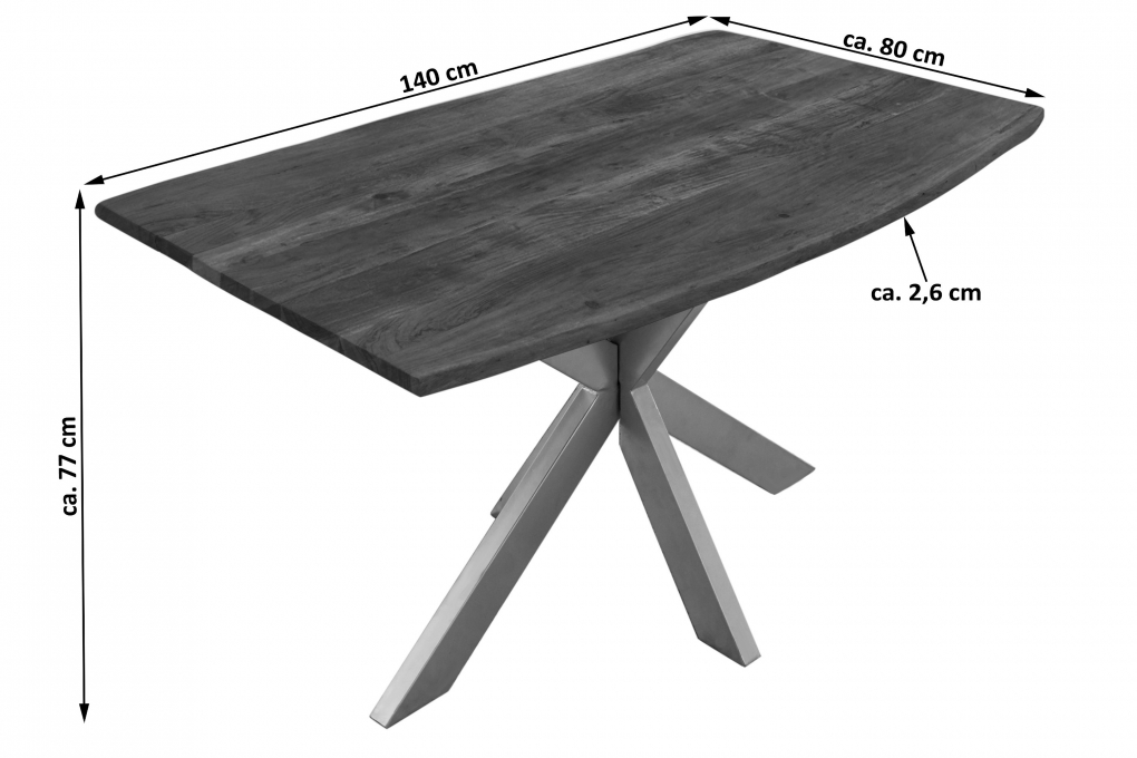 Esstisch Baumkante massiv Akazie nussbaum 140 x 80 cm Spider-Gestell silber Kalea itemprop=