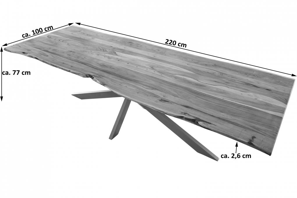 Esstisch Baumkante massiv Akazie natur 220 x 100 cm Spider-Gestell silber Kalea itemprop=